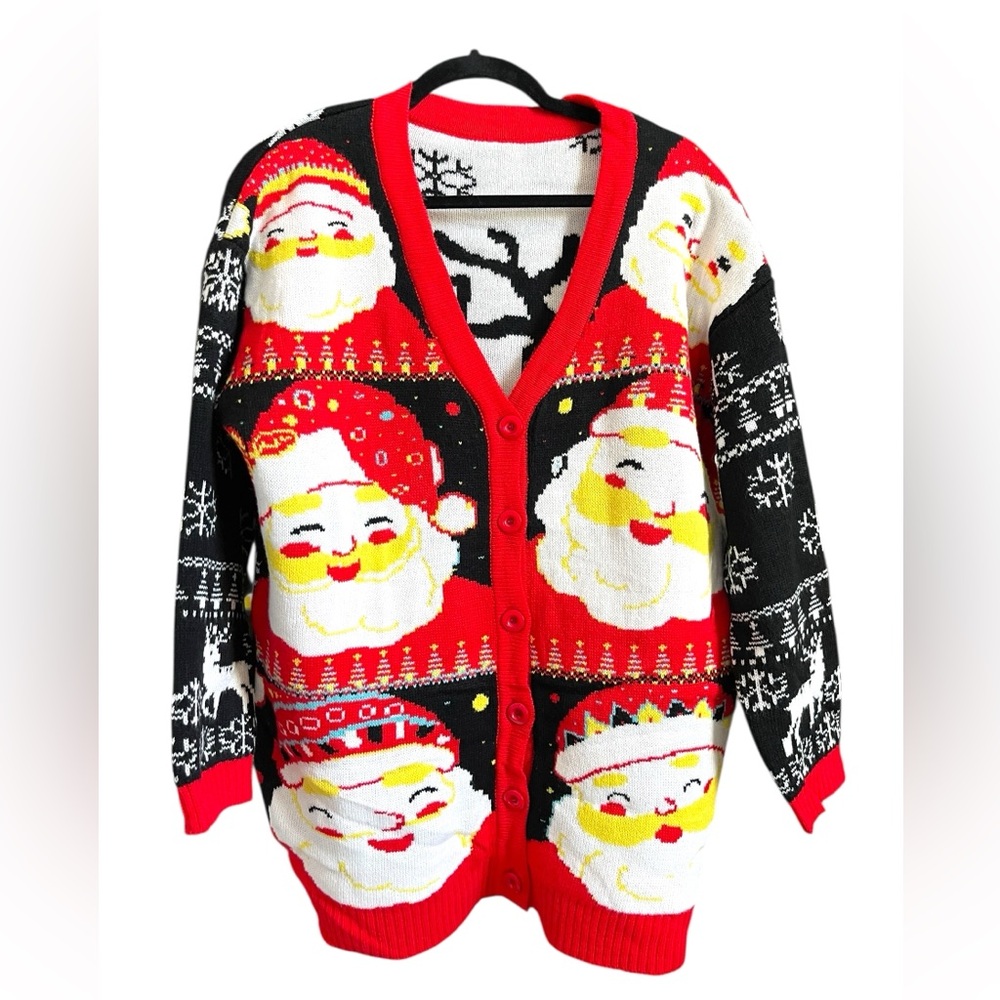 Ugly Christmas Santa Cardigan Sweater XL Reindeer Snowflake Holiday